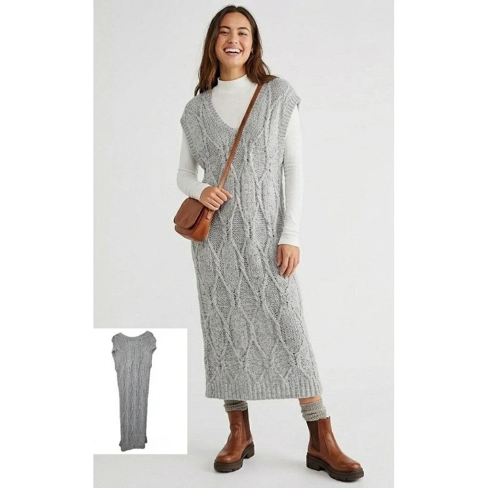 Free People Sweater‎ Dress Size S Small Gray Cable Chunky Knit Wool Angora Blend